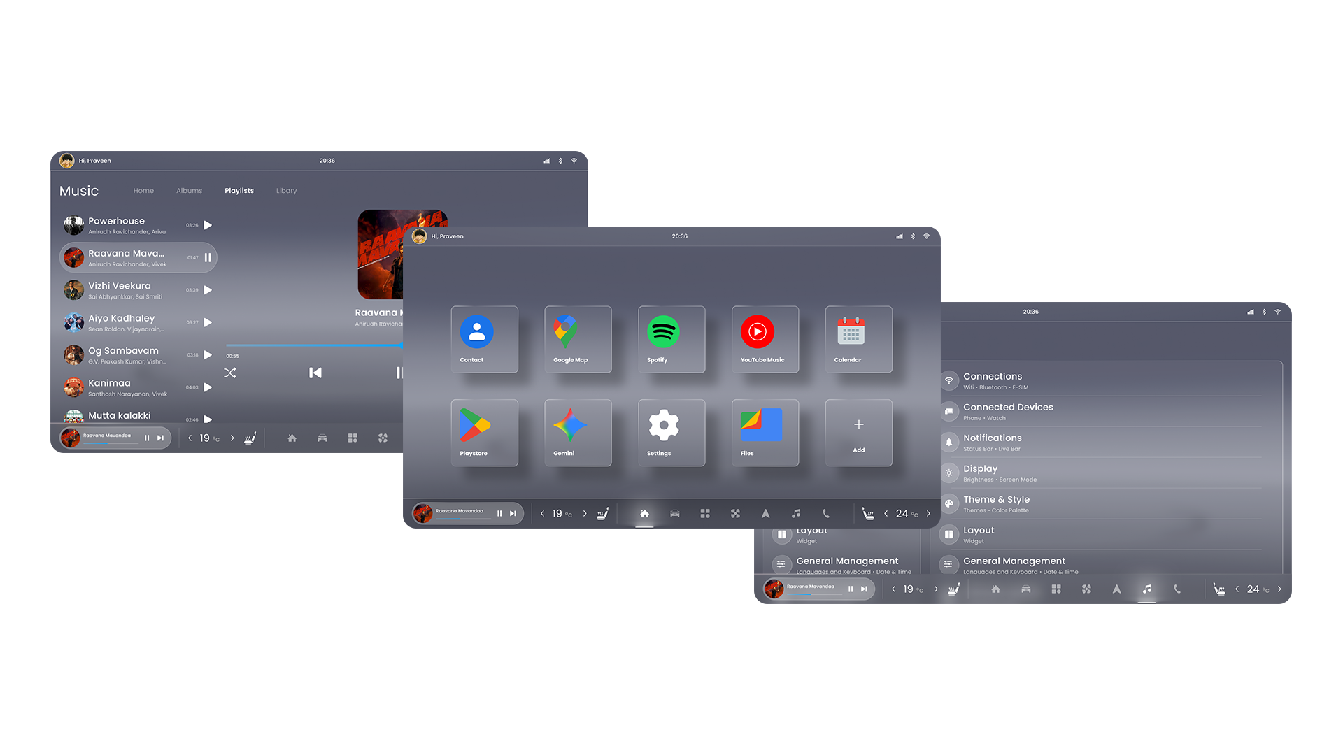UI screens — music, apps and settings