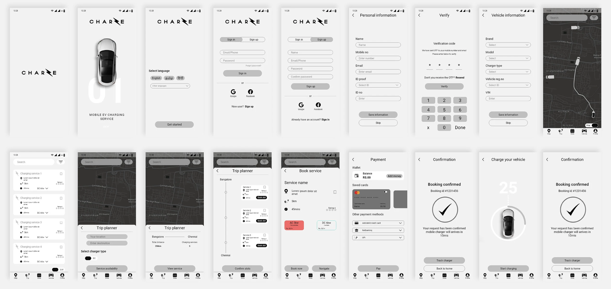 Lo-Fi wireframes — Charze app screens
