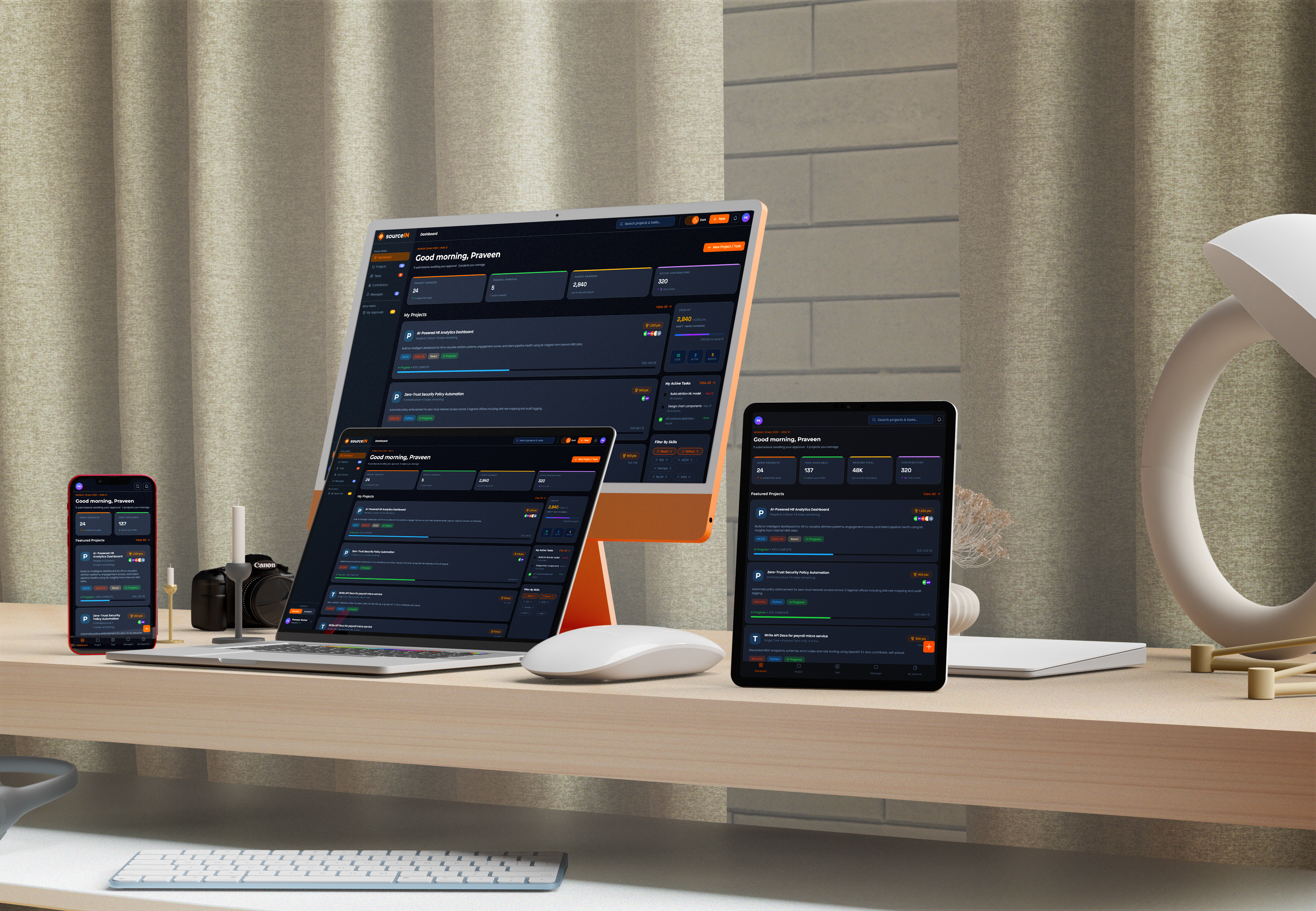 SourceIN dashboard shown across desktop, tablet and phone
