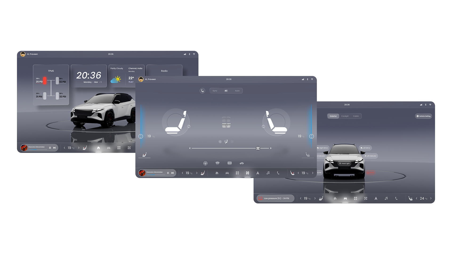 UI screens — home, seat and vehicle views