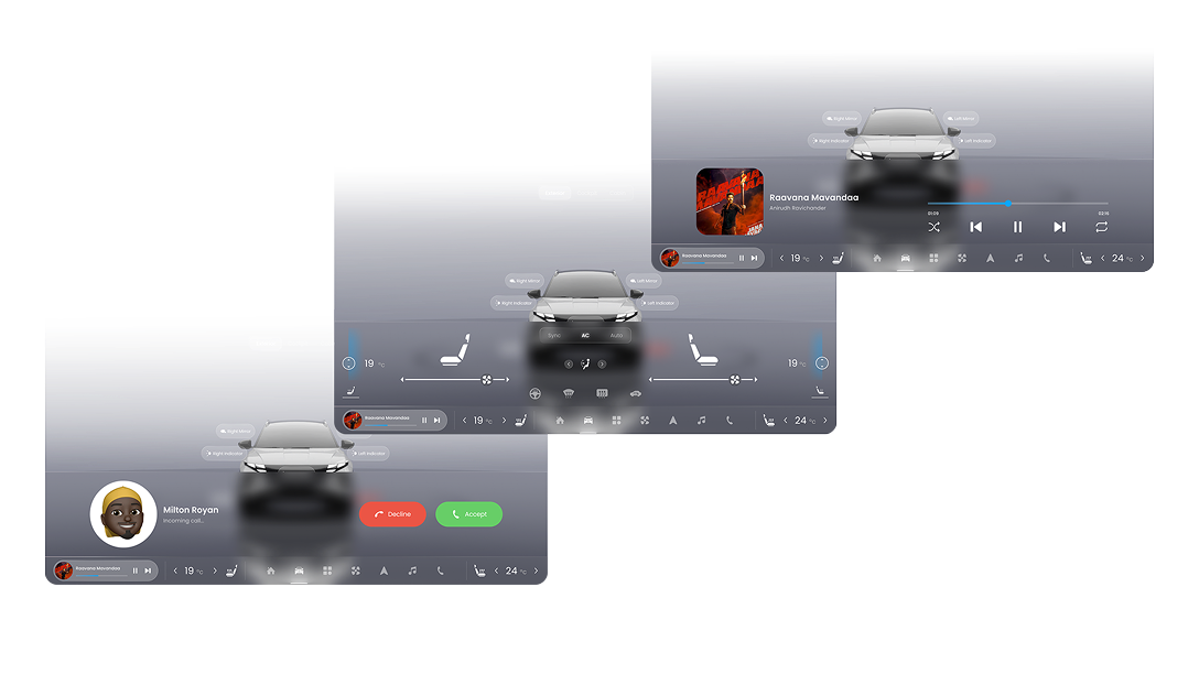 Half screen overlay layout — incoming call, climate controls and media player states