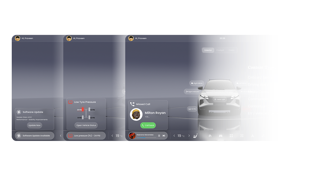 Live notification bar — software update, low tyre pressure and missed call states with content types