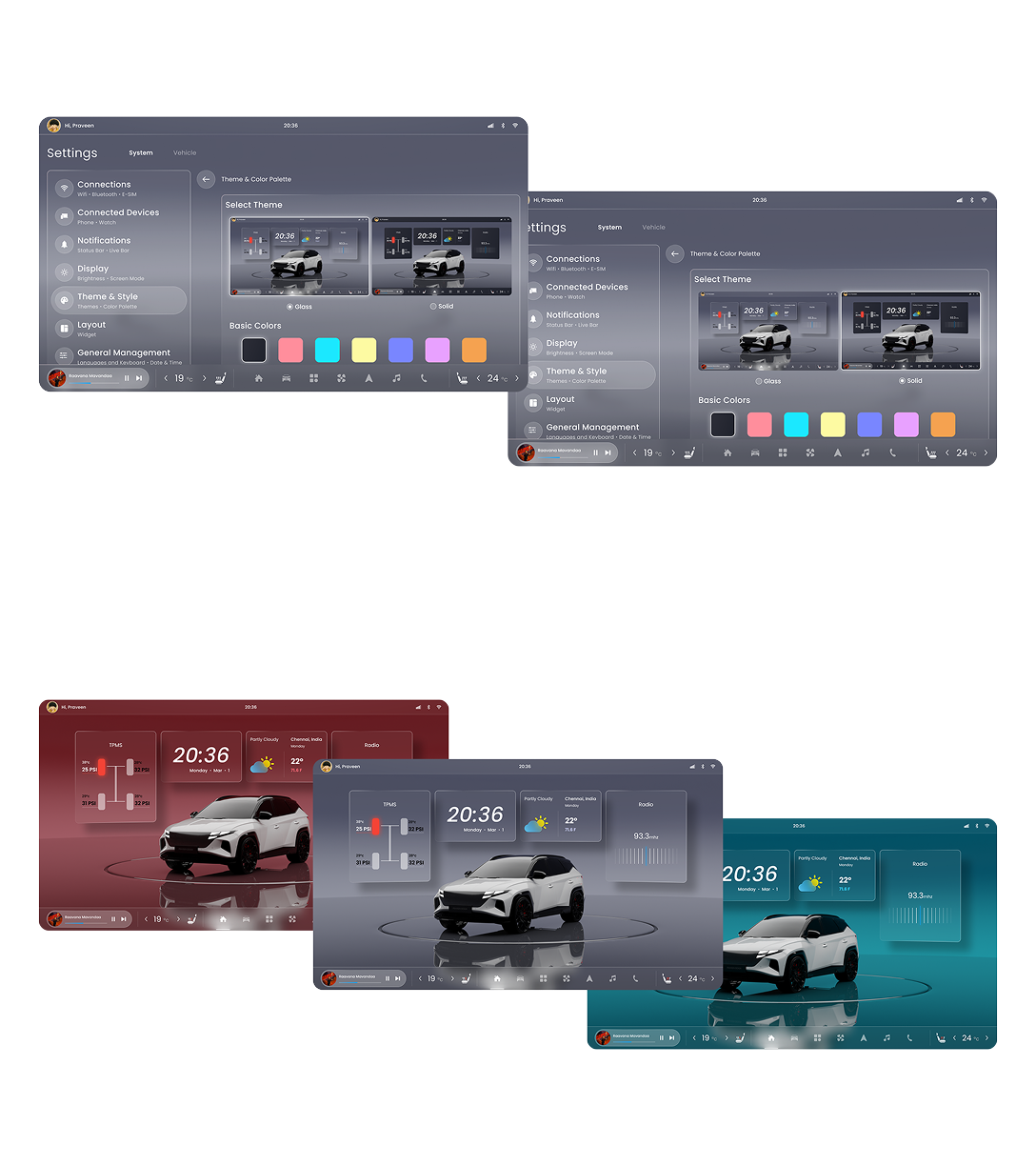Theme and colour palette — settings, glass and solid treatments, and theme variations